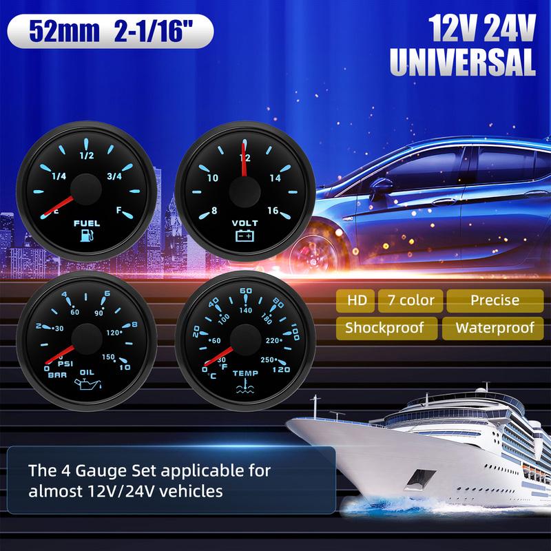 12V24V Universal 52MM 4 Gauge Kit with 2 Sensor Water Temperature + Oil Pressure + Fuel Level + Voltmeter For All Vehicle Marine