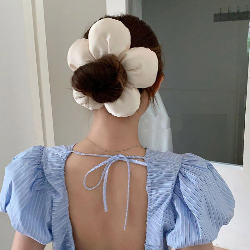 Trendy Oversized Blue Flower Scrunchie Headdress Women Girls Design Rubber Elastic Hair Band Vacation Hair Accessories