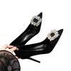 Black High Heels Women's Thin Heels New Spring and Summer Pointed Suede Shallow Mouth Square Buckle Rhinestone Temperament Single Shoes