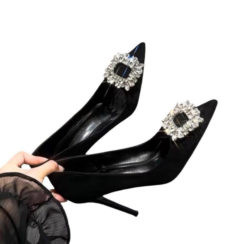 Black High Heels Women's Thin Heels New Spring and Summer Pointed Suede Shallow Mouth Square Buckle Rhinestone Temperament Single Shoes