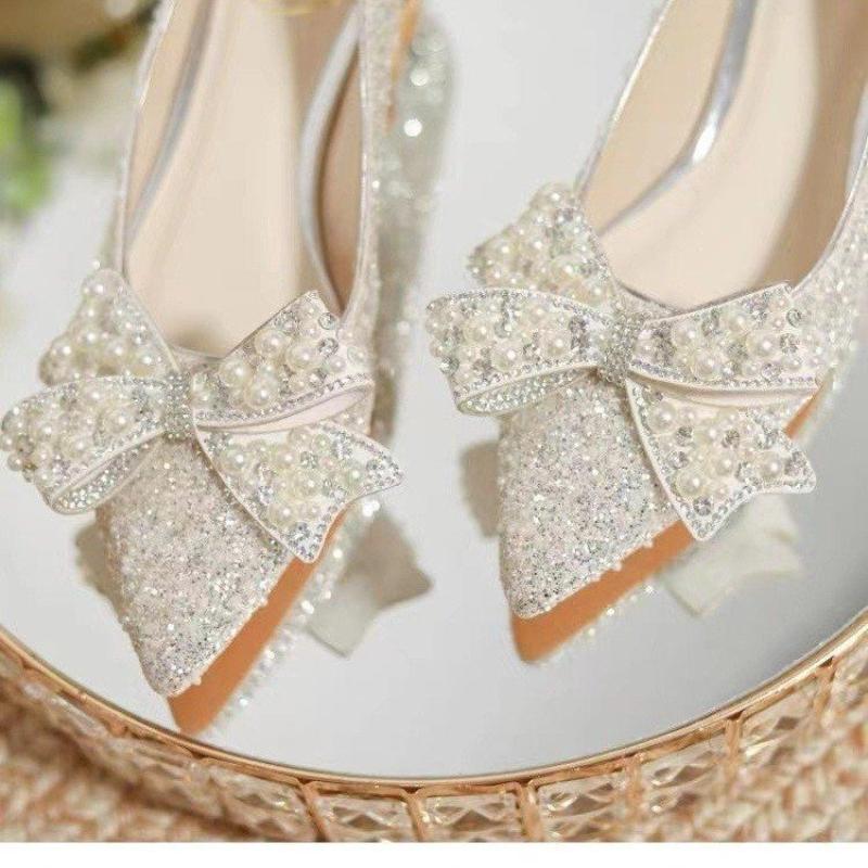 New Full Diamond Bow High Heels for Women, Thick Heels with Sequins, Bridesmaid Wedding Shoes, Pointed Shallow Mouth Pumps