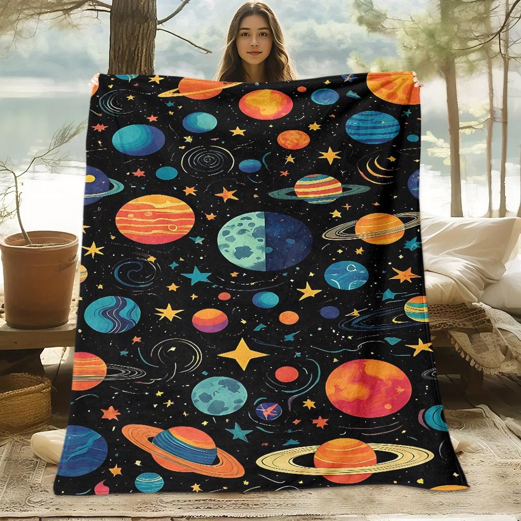 A Soft And Comfortable Blanket Featuring a Skin-Friendly Cosmic Planet Pattern, Suitable for All Seasons, Perfect for Use on The Sofa, Made of 100% Po
