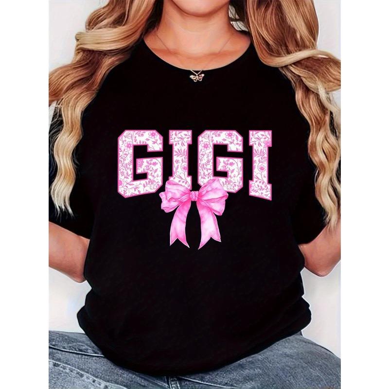 

Женская футболка большого размера Gigi с принтом Черная Блестящая Розовые буквы Принт с бантом Круглый вырез Ретро Минималистичная Всесезонная Повседневная Машинная стирка Верх S чёрный
