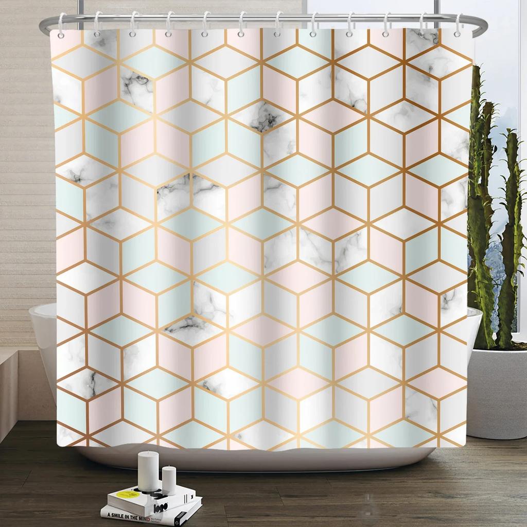 Geometric Shower Curtain Modern Abstract Brown Marble Luxury Gold Bronze Bathtub Screen Waterproof Bathroom Decor