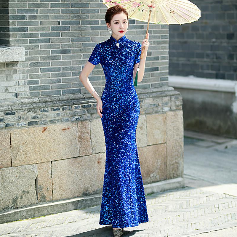 Purple golden velvet cheongsam new model dignified atmosphere catwalk hanfu long sequined fishtail performance clothes
