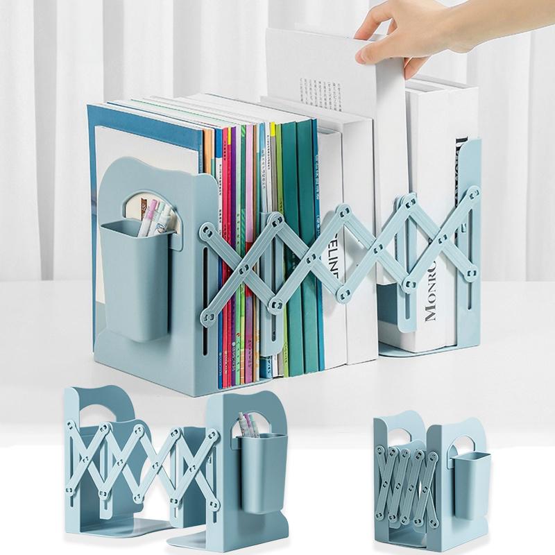 Retractable Bookends with Pen Holder Foldable Adjustable Desktop Book Stand Integrated Desk Book Storage Organizer