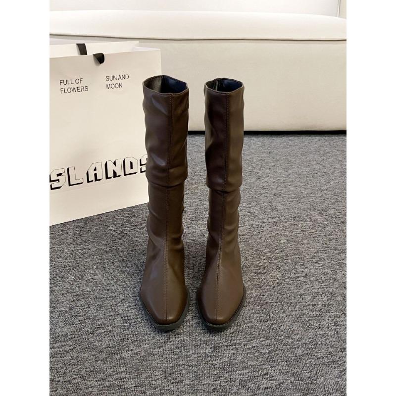 Thick Heel Pleated Stack Long Tube Knight Boots Women's Shoes New Spring and Autumn Western Thin Medium Tube Long Boots
