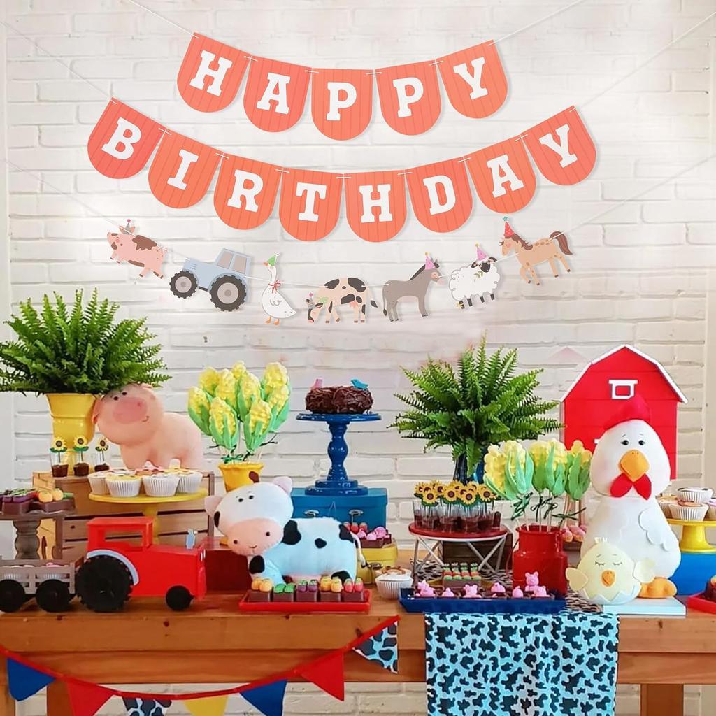 Farm Happy Birthday Banner - Kids Farmyard Birthday Party Decorations, Farm Animals Party Supplies, Happy Birthday Banner with Tractor, Farm Theme