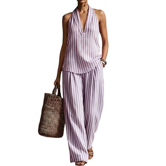 Women s Summer Striped Piece Two Halter Neck Set Sleeveless Top And Long L фиолетовый