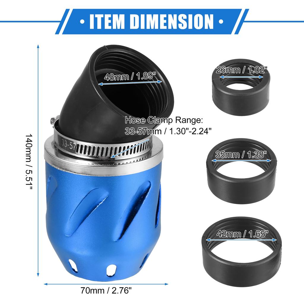 VekAuto Motorcycle Air Filter 26/35/42/48mm ID 140x700mm Motorcycle ATV Durable Aluminum Alloy Blue