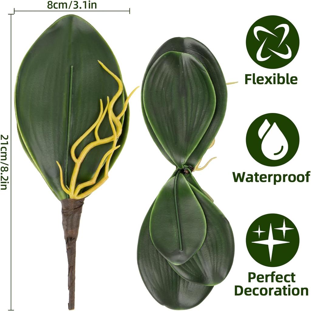 3PCS Artificial Orchids Leaves - Lifelike Fake Phalaenopsis Orchids Leaves with Plant Root, Green Leaf Plants for Flowers Arrangements Pot Shelf