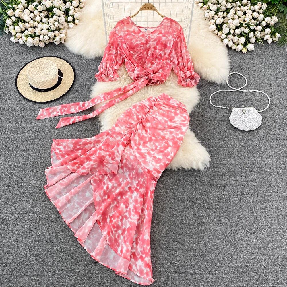 

RUGOD повседневный костюм, женская короткая шифоновая рубашка с v-образным вырезом и бантом, комплект из двух предметов, платье средней длины с высокой талией и запахом «рыбий хвост»