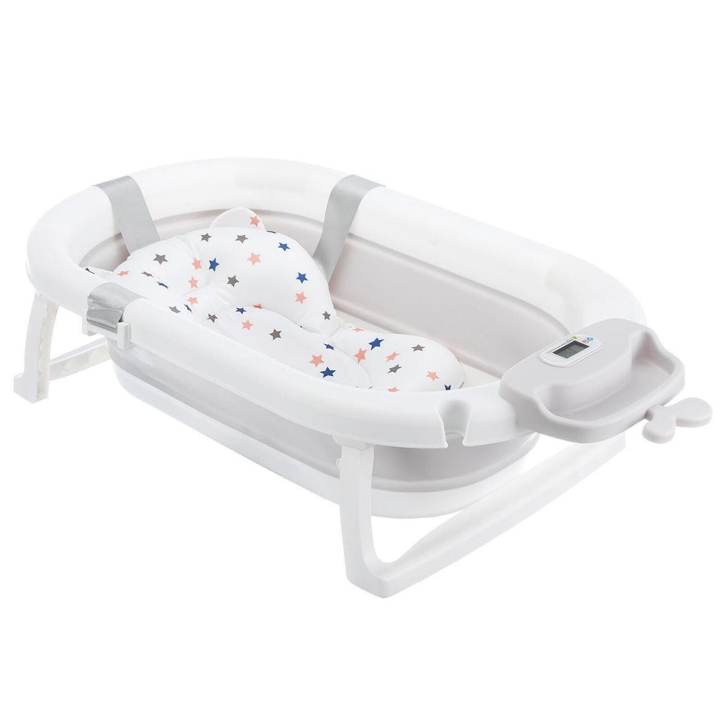 Foldable Baby Bath Tub Ergonomic with Temperature & Cushion Bath Pad + Bath Net