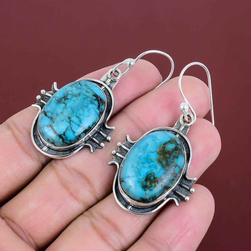Tibetan Turquoise Earring Natural Gemstone Earrings 925 Sterling Silver Earring Handmade Jewelry Antique Earring Gifts For Mom Women Earring