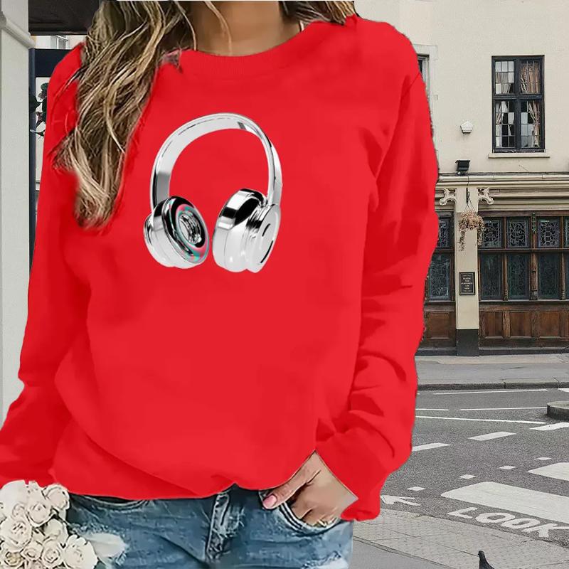Топы для женщин Простые наушники Принт Круглый вырез Длинный рукав Футболка Осенний — фото 3