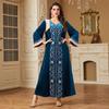 Middle Eastern Women's Gold Velvet Embroidered Dubai Long Dress