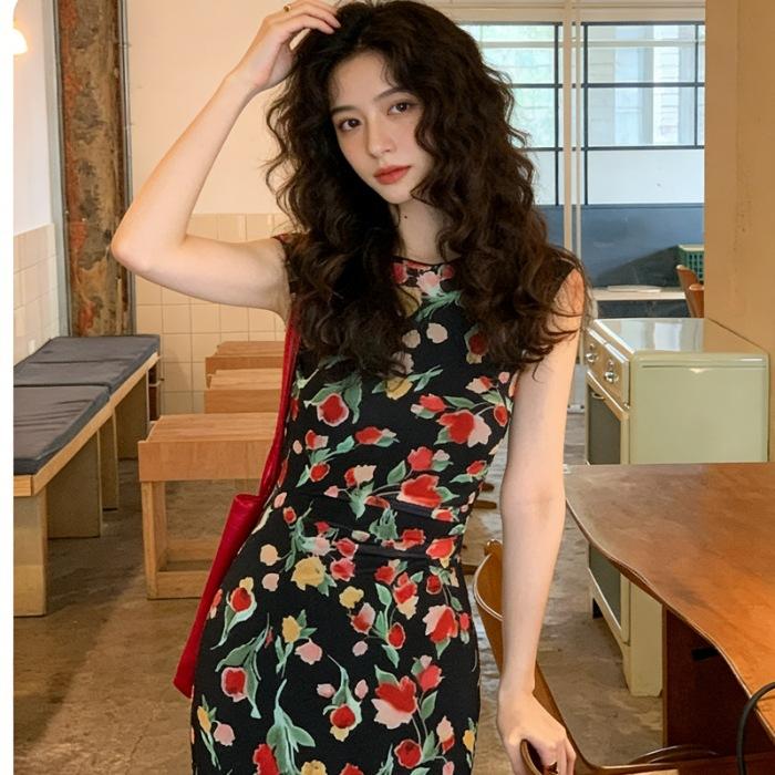 2026 spring and summer French retro black floral dress children s summer new temperament thin high waist dress tide S