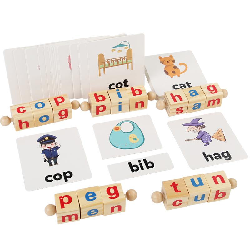 Wooden Children'S Early Education Puzzle Enlightenment Spell Word Cvc Vowel Letter Rotating Spell Word Toy