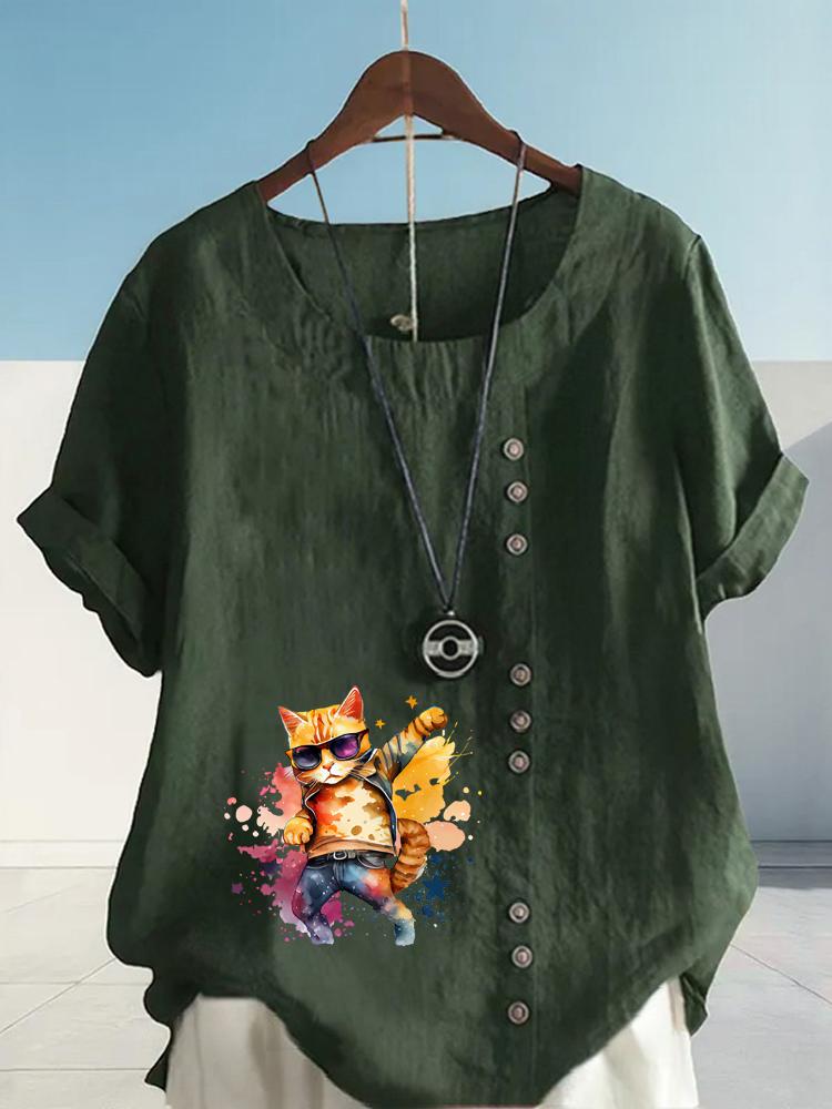 Women's Fashion Cool Cat Print Round Neck Short Sleeve T-shirt Casual Cotton Linen Graphic Shirt Leisure Loose Summer Blouse Tops