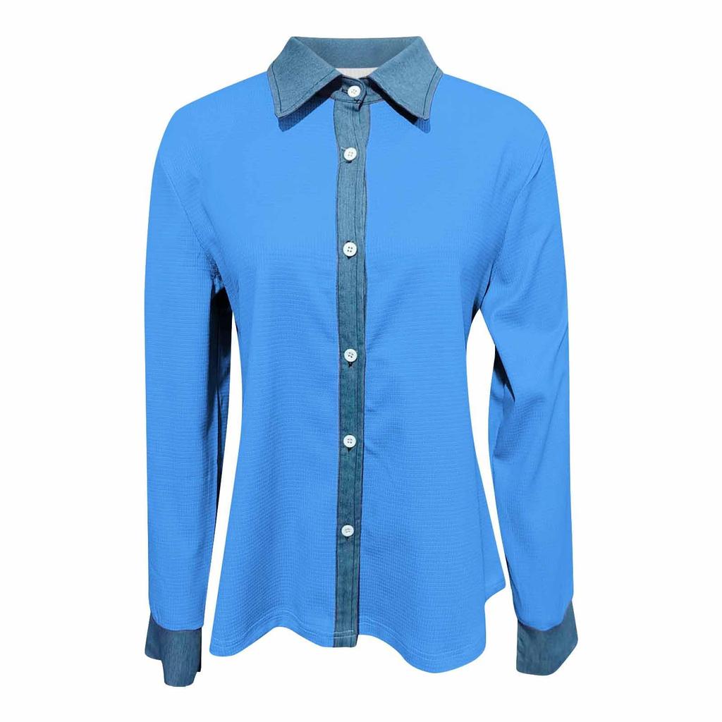 Womens Fashion Lapel Long Sleeved Denim Patchwork Button Up Shirt Loose Top