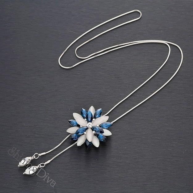 Shining Diva Fashion Stylish Crystal Flower Silver Plated Long Chain Pendant Necklace for Women