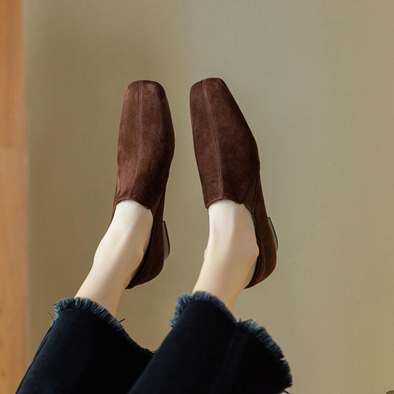 Fashion NEW Spring/Autumn Women Loafers Sheep Suede Leather Shoes for Women Square Toe Chunky Heel Soft Shoes Black Elegant Women Pumps