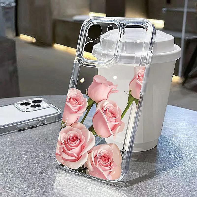 Minimalist Rose Case For iPhone 16 15 14 13 12 11 Pro Max XS X XR 8 7 Plus 16e SE 2020 Flower Shockproof Clear Silicone Cover