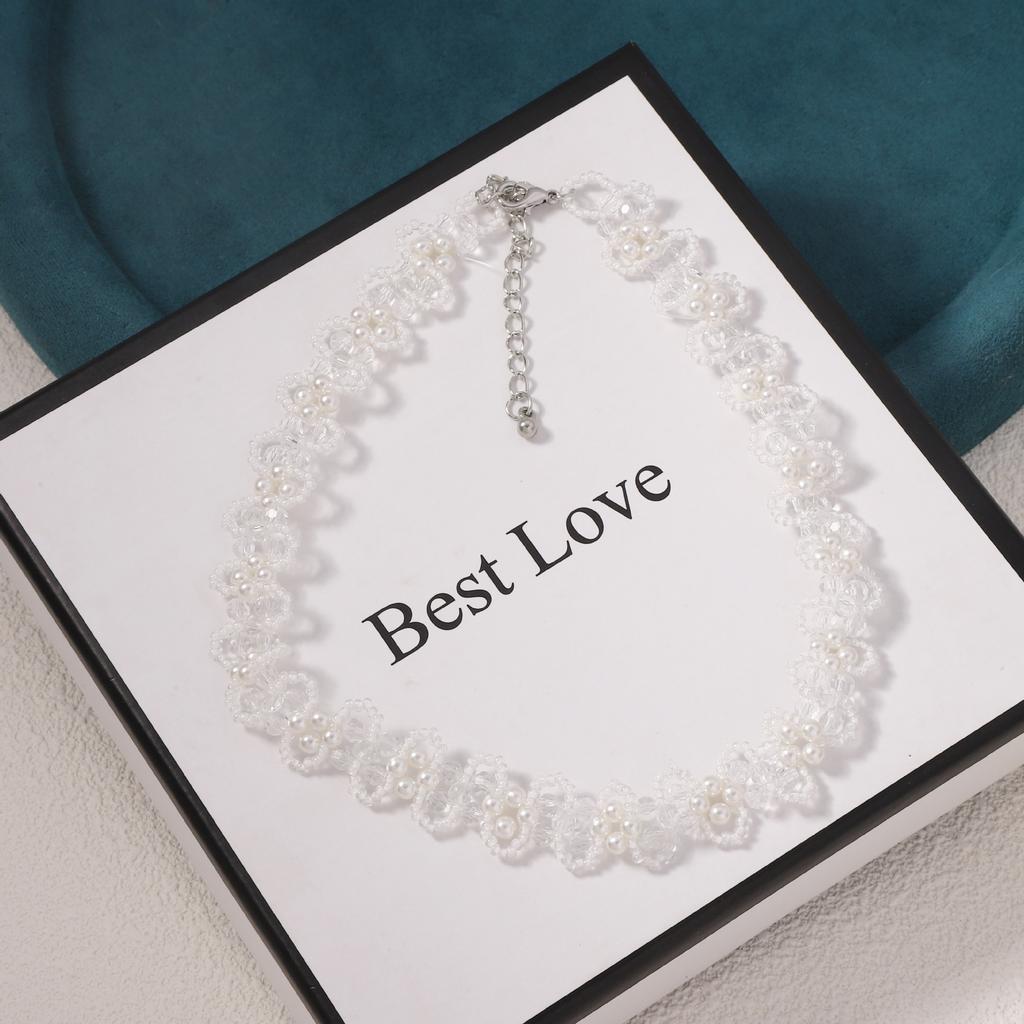 French Gentle and Romantic Crystal Rice Beads White Temperament Collarbone Chain Imitation Pearl Light Luxury High-end Necklace
