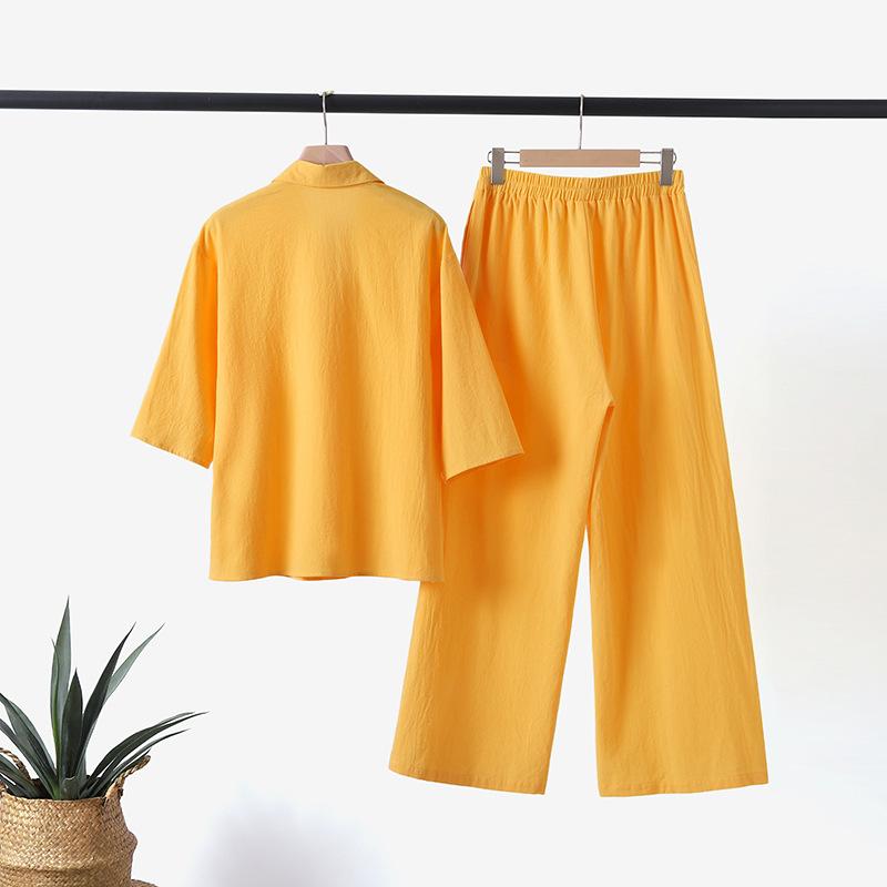 Women Linen Two Piece Set Button Shirt Wide Leg Pants Casual Loose Outfit