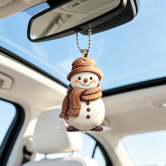 Artistic Snowman Figurine Charm Cute Acrylic Pendant, 2D Flat Car Rearview Mirror Hanging Holiday Pendant Decoration with Keychain Ring, Christmas