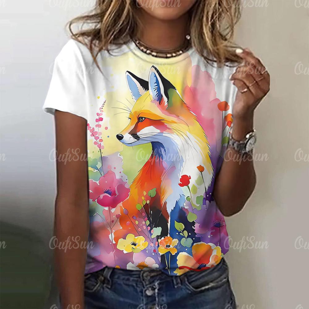3D Cartoon Fox Print Women's T-Shirt Summer O Neck Casual Short Sleeve Ladies Tees