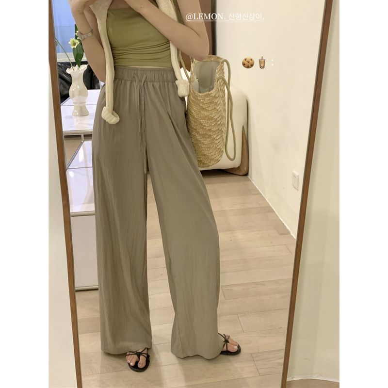 

Lazy Lake Blue Wrinkle Thin Loose Drawstring Pants Milk Tea Ice Silk Pants S