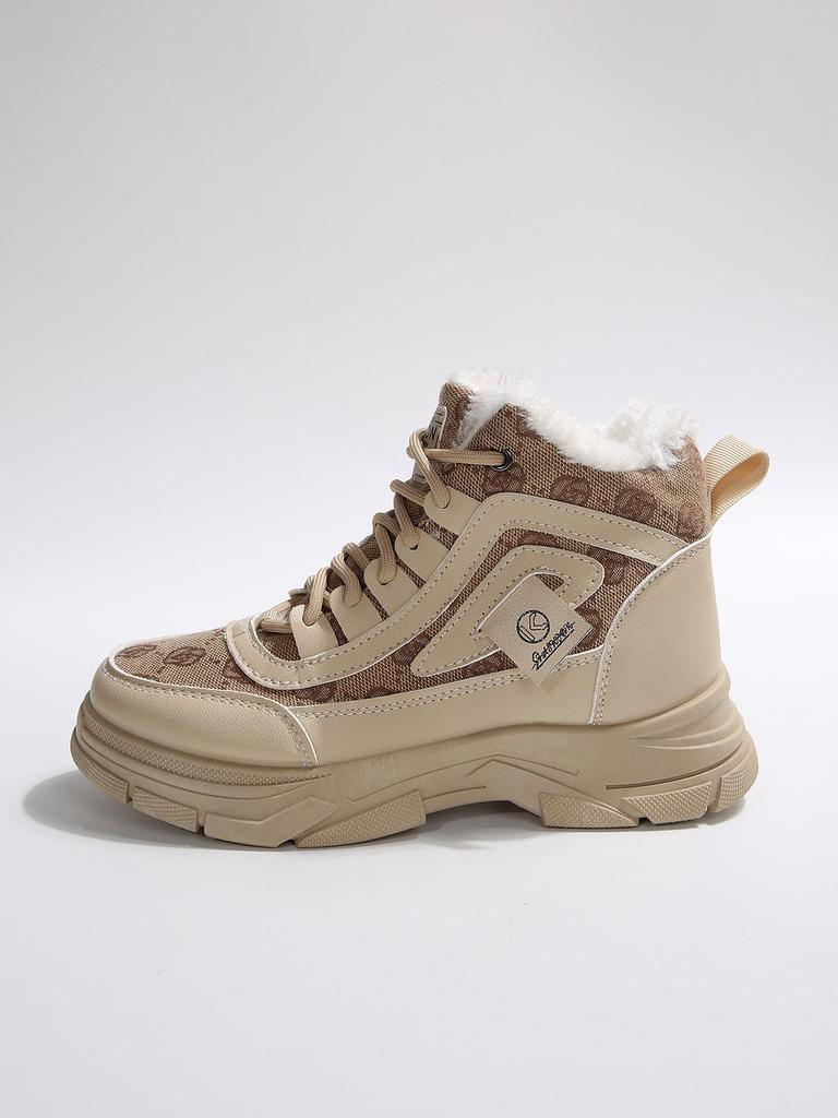 Damskie śniegowce do połowy łydki, podszyte polarem, skórzane, kolekcja Jesień/Zima 2025: Sportowe buty bawełniane z blokami kolorów, na grubej podeszwie, sznurowane