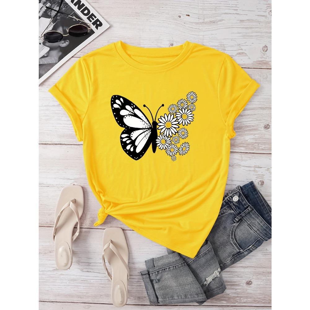 Butterfly Daisy Women s Tee - Floral Butterfly Graphic, Casual Yellow Top M