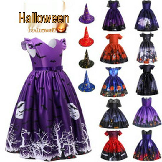 Kids' Halloween Witch Cosplay Cartoon Print Dress