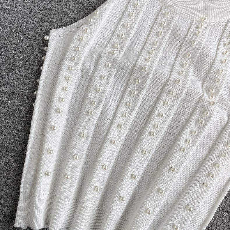 Pure Desire Top Women's Heavy Industry Beads Slim-fitting Short Sexy Off-the-shoulder Neck Sling Vest Women's Versatile Knitted Sweater Tide