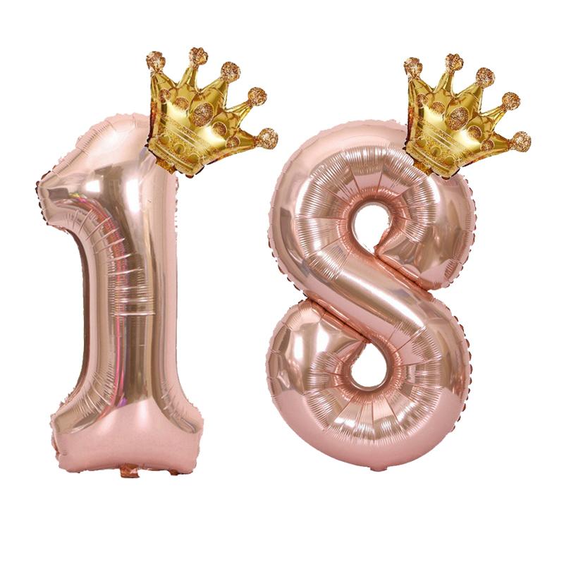 1PC 32 Inch Rose Gold Crown Digital Number Foil Balloons Princess Birthday DecorationParty Wedding Xmas Number Balloon Anniv