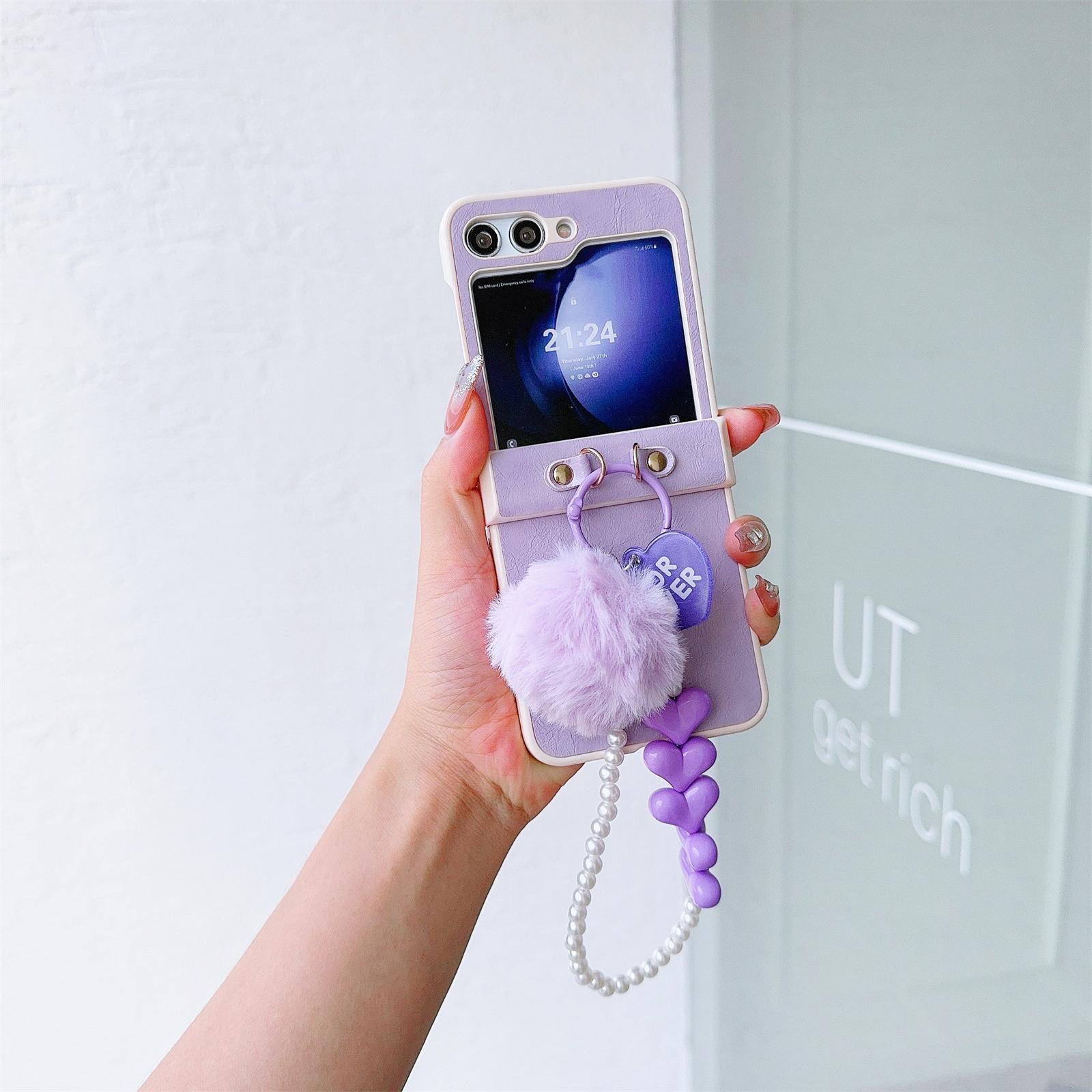 

For Samsung Galaxy Z Flip5 5G Case Crazy Horse Texture PU+PC Phone Cover with Pompom Pearl Chain Purple