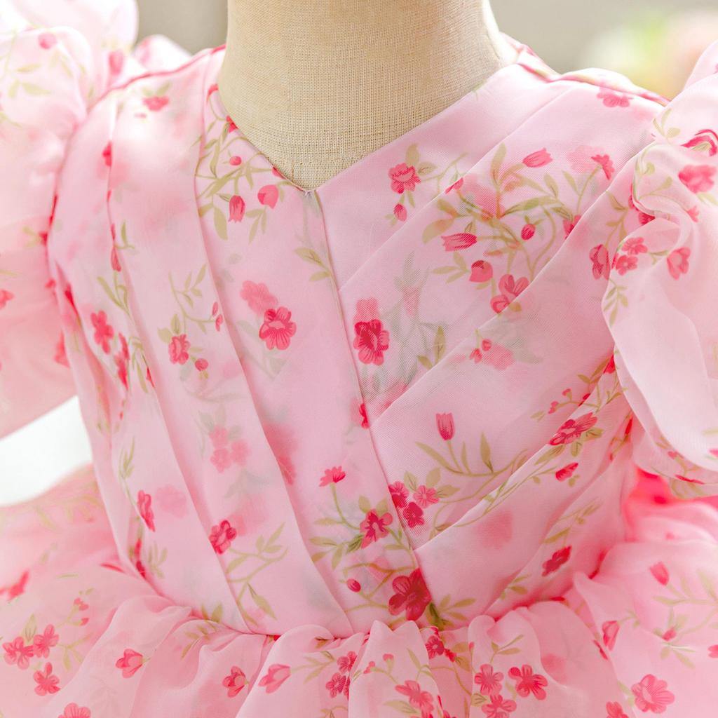 Einjähriges Blumenprinzessinnenkleid mit Puffärmeln und Mesh-Rock für Feiertagsaufführungen