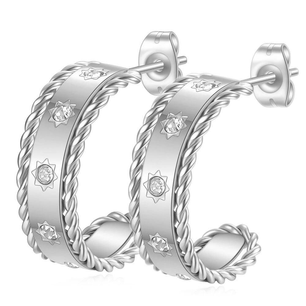 18K Gold Zircon Flat Wide Twisted Lace C-Shaped Earrings - European  American Fashion, Stainless Steel