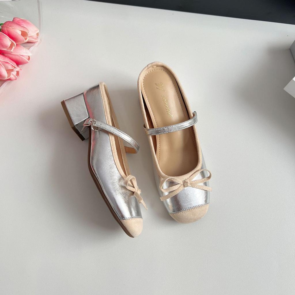Inner height-increasing women's shoes color matching bow thick heel bag head slippers 2025 summer new fairy wind word with sandals