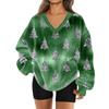 Women's Fashionable V-neck Christmas Printed Long Sleeved Casual Pullover Plush Warm Pocket Sweatshirt Top