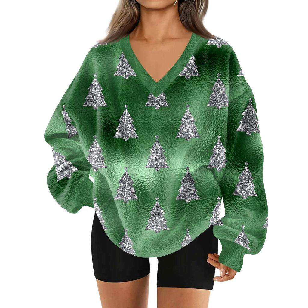 Women's Fashionable V-neck Christmas Printed Long Sleeved Casual Pullover Plush Warm Pocket Sweatshirt Top