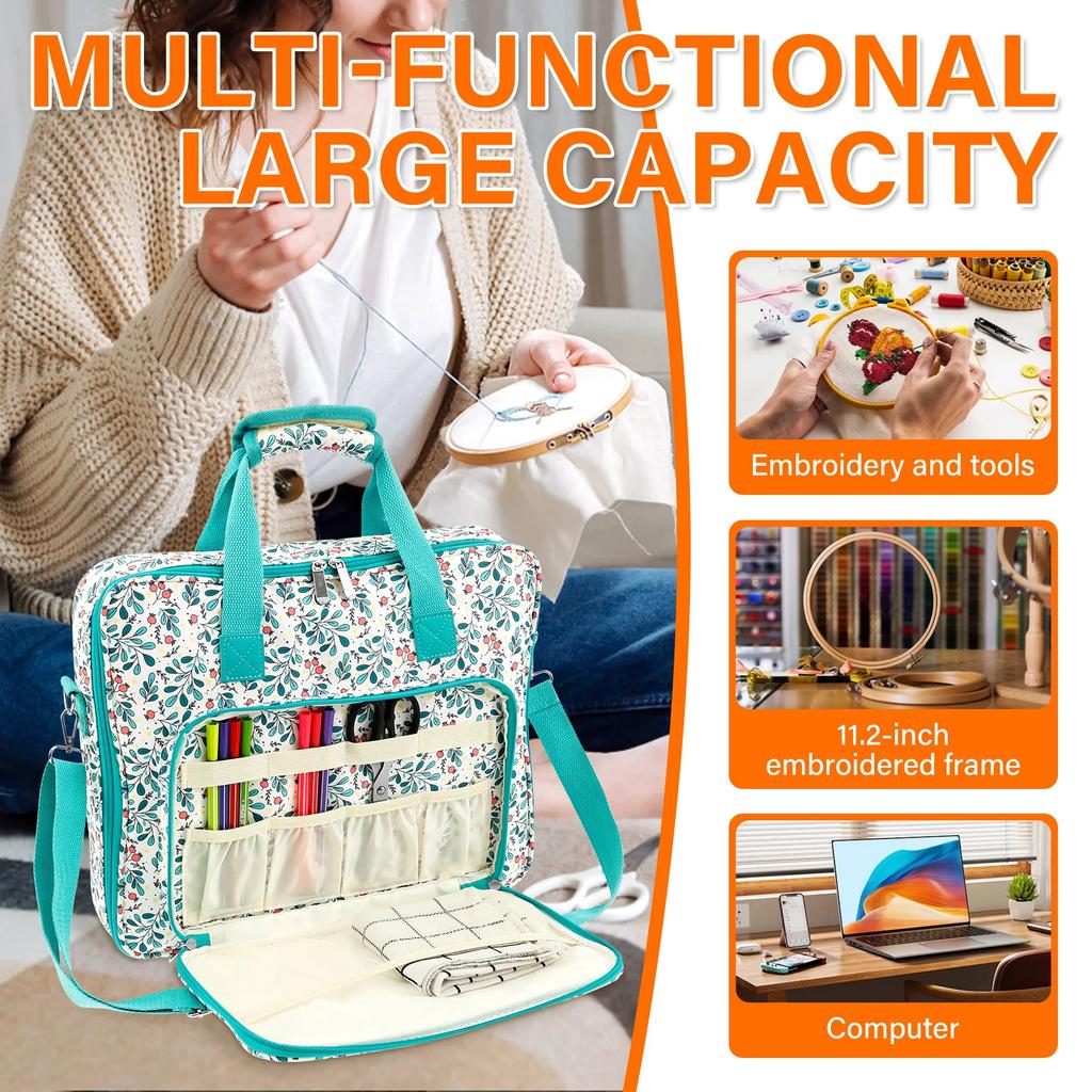 Portable Embroidery Organizer Bag with Multi Pocket Oxford Cloth Embroidery Project Bag for 11.2" Hoop Embroidery Supplies Bag