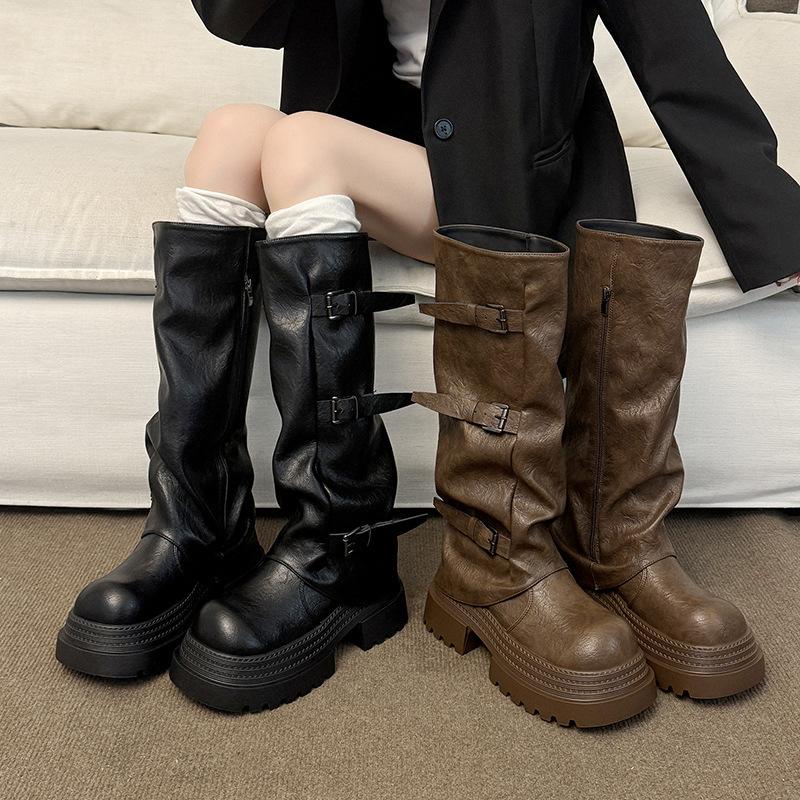 Folded thick heel fashion versatile long tube Martin boots 2025 autumn and winter new thick-soled western cowboy pile boots women