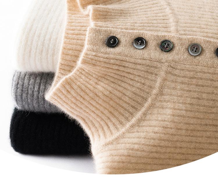Women's Slim Fit High Neck Pure Cashmere Pullover Sweater with Gold Button Ribbed Design