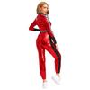 Womens Racer Jumpsuit Metallic Shiny Checkerboard Patchwork Stand Collar Front Zip Belted Leggings Costume