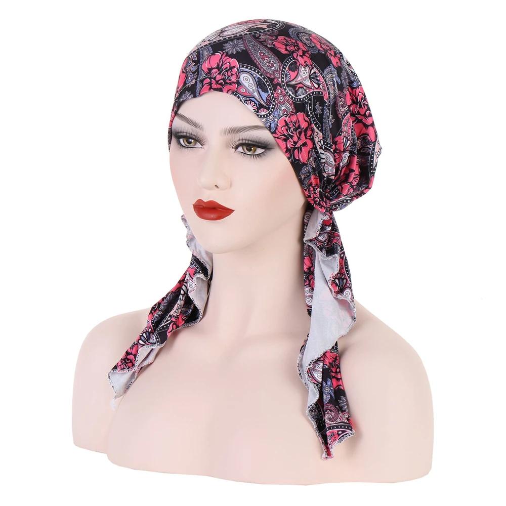 New Muslim Inner Hijab Turban Women Pre-Tied Cap Long Tail Headscarf Wrap Beanies Bonnet Head Scarf Stretch Headwear Ninja Hat