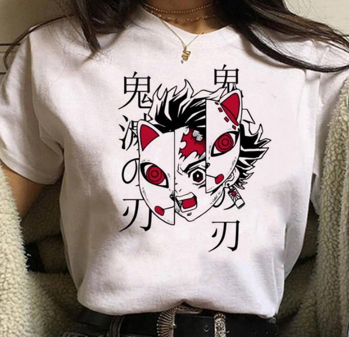 Kawaii Casual Anime Demon Slayer Kimetsu No Yaiba Graphics Female T-Shirt Summer Loose Blouse White Tees O-Neck Women Goth Tops
