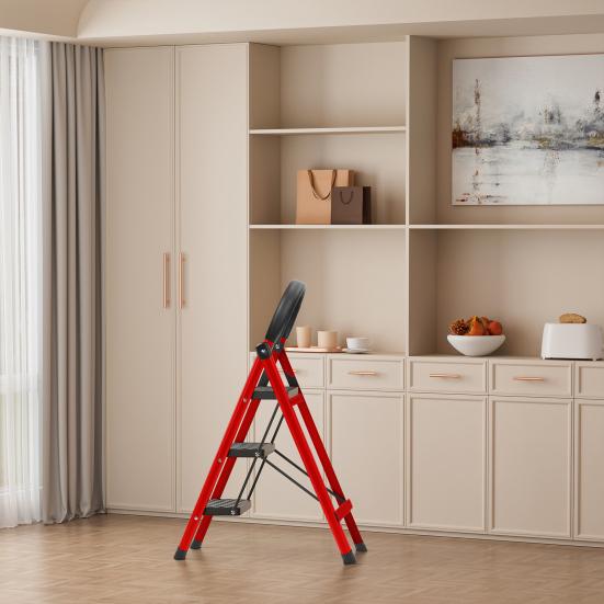 Step Ladder, 3 Step Ladder Folding Step Stool, Multi-Purpose Collapsible Ladder for Home or RV Outdoor Work, Heavy Duty 330 Lbs Load (White, Red)